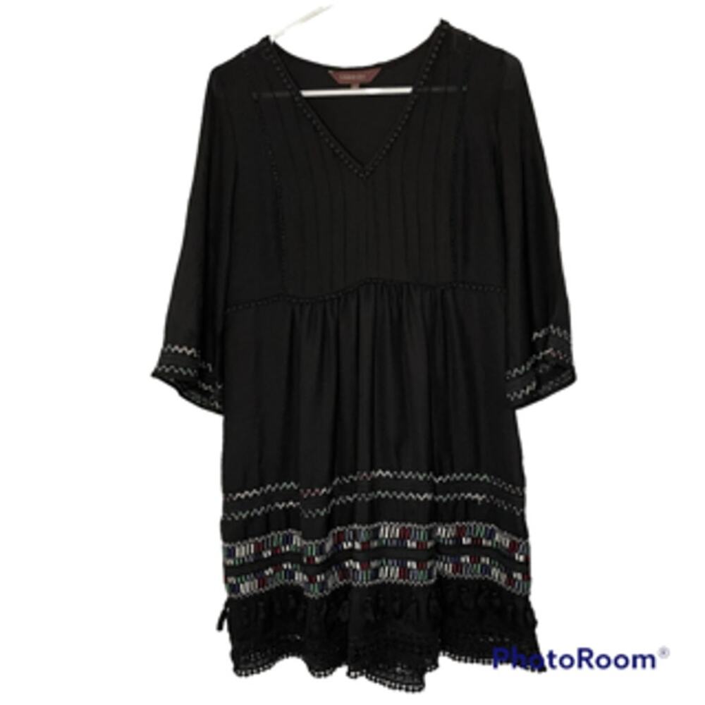 Anthropologie Ranna Gill Black Daphne Dress Women's Size XSP Lined Boho Tassle